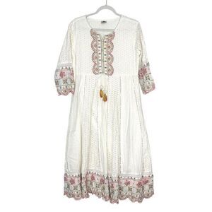 Neerus Midi A-Line Kurta Dress Womens Size 42 White Eyelet Floral Embroidered